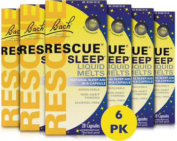 Bach Rescue Sleep Liquid Melts, Natural Orange Vanilla Flavor, Sleep & Stress Relief Aid, Homeopathic Flower Essence, Free Of Melatonin, Gluten & Sugar, Non-Alcohol, Non-Narcotic, 6 Packs, 28 Ct Each