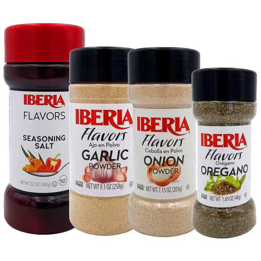 Iberia Garlic Powder, 9.1 Oz + Iberia Onion Powder, 7.5 Ounce + Iberia Seasoning Salt, 12 Oz + Iberia Orgeano, 1.7 oz