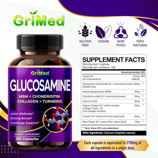 Grimed Glucosamine 12,000Mg - X12 Power With Msm, Chondroitin, Collagen, Turmeric For Joint Wellness, Strong Bones, Cartilage Support - Usa Made & Tested