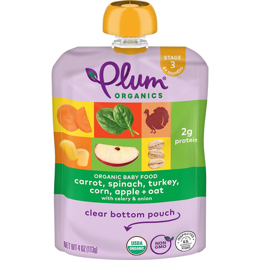 Plum Organics | Stage 3 | Baby Food, Carrot, Spinach, Turkey, Corn, Apple & Oat, 4oz (6 Pack)