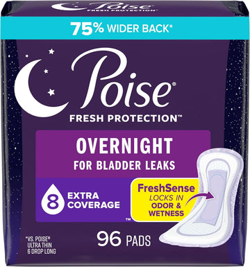 Poise Incontinence Pads & Postpartum Overnight Incontinence Pads, 8 Drop Extra Coverage, 96 Count (4 Packs Of 24), Packaging May Vary