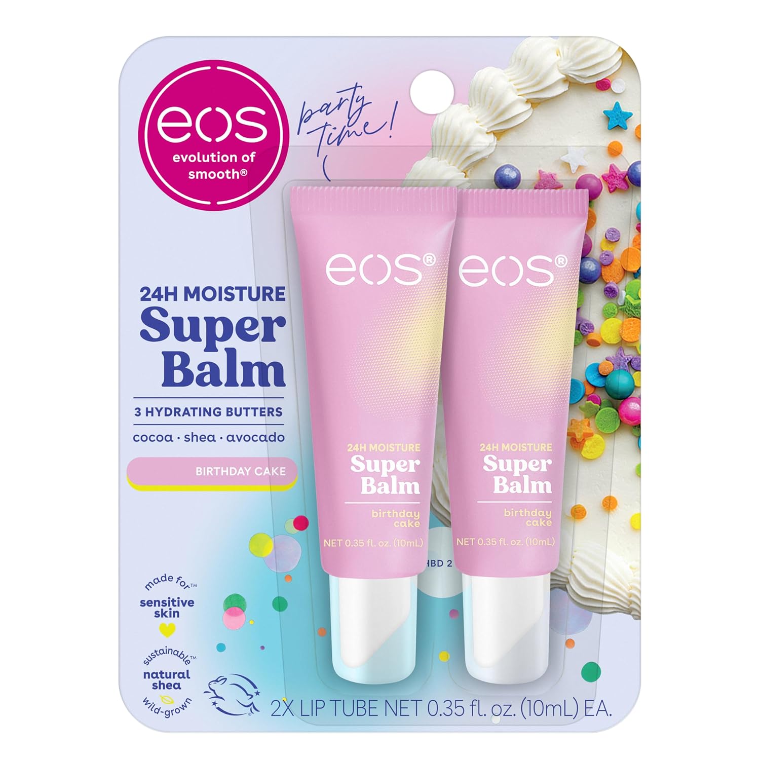 Eos 24H Moisture Super Balm- Birthday Cake, Lip Mask, Day Or Night Lip Treatment, Made For Sensitive Skin, 0.35 Fl Oz, 2-Pack