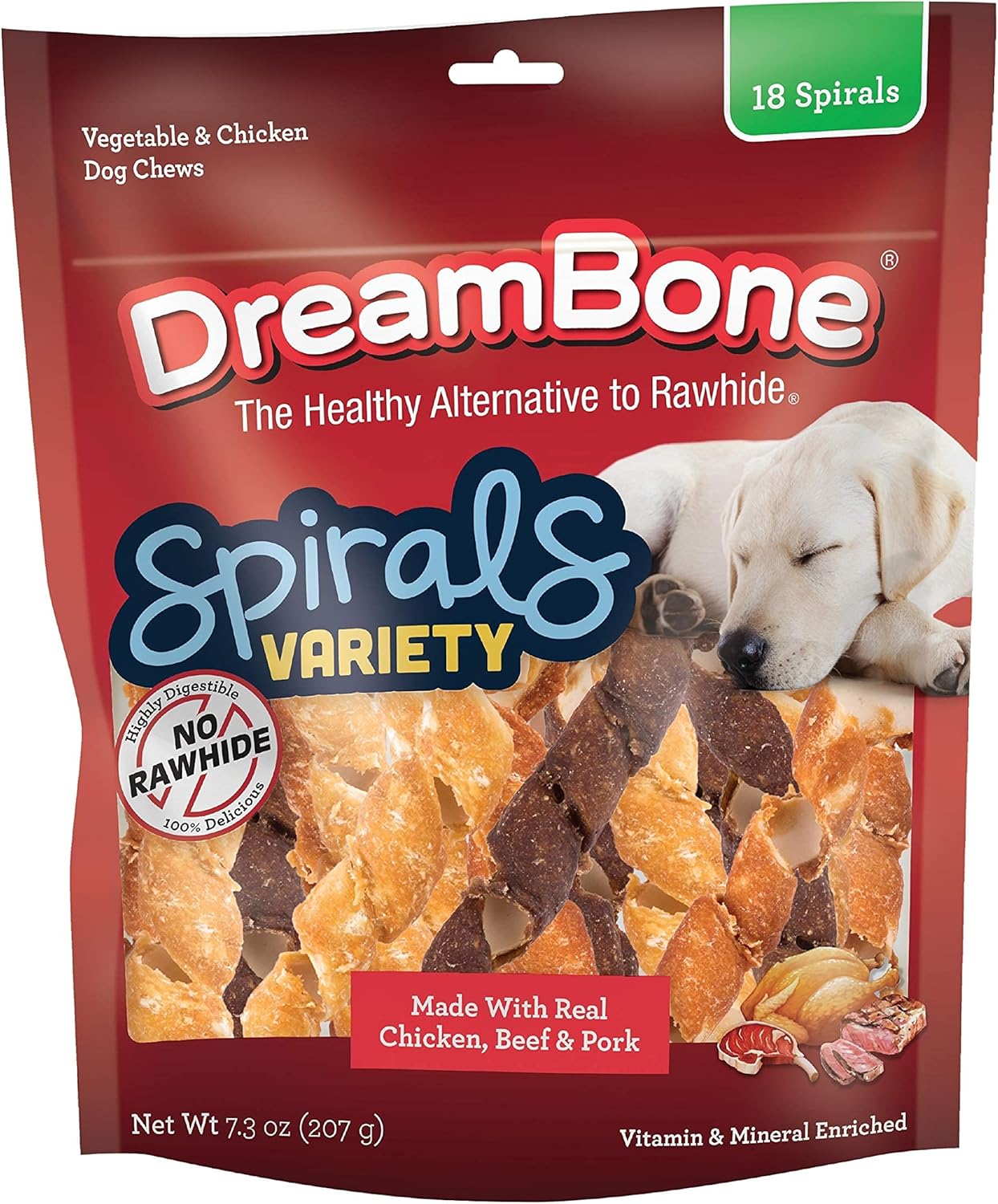 Dreambone Spirals Variety, Rawhide Free Dog Chew Sticks Made With Real Chicken Beef And Pork, 18 Count