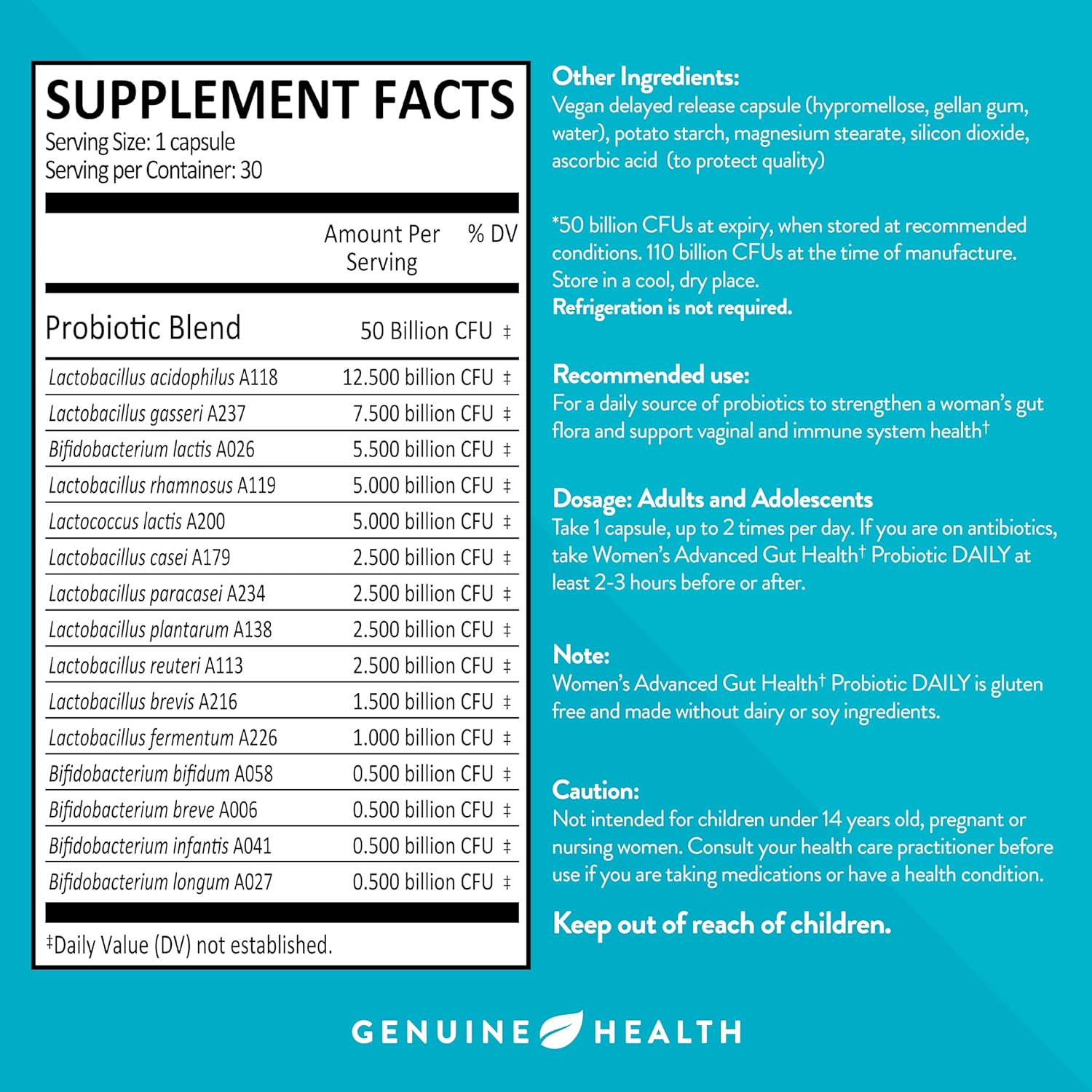 Genuine Health Women's Daily Probiotic, Helps Promote Healthy Digestion, Gut Health & Vaginal & Skin Health, Multi-Strain Formula, 30 Capsules : Health & Household