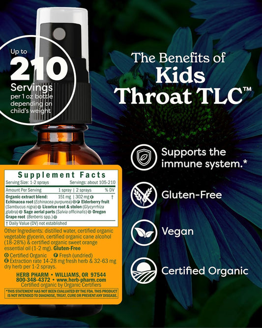 Herb Pharm Kids Certified-Organic Alcohol-Free Throat Tlc Herbal Spray, 1 Ounce