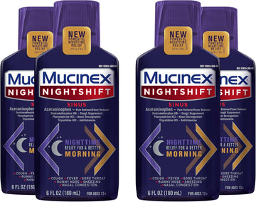 Mucinex Nightshift Sinus, Nighttime Sinus Symptom Relief, Pain Reliever, Fever Reducer, Cough Suppressant, Nasal Decongestant, Antihistamine, 6 Fl Oz, Nighttime Relief For A Better Morning (Pack Of 4)