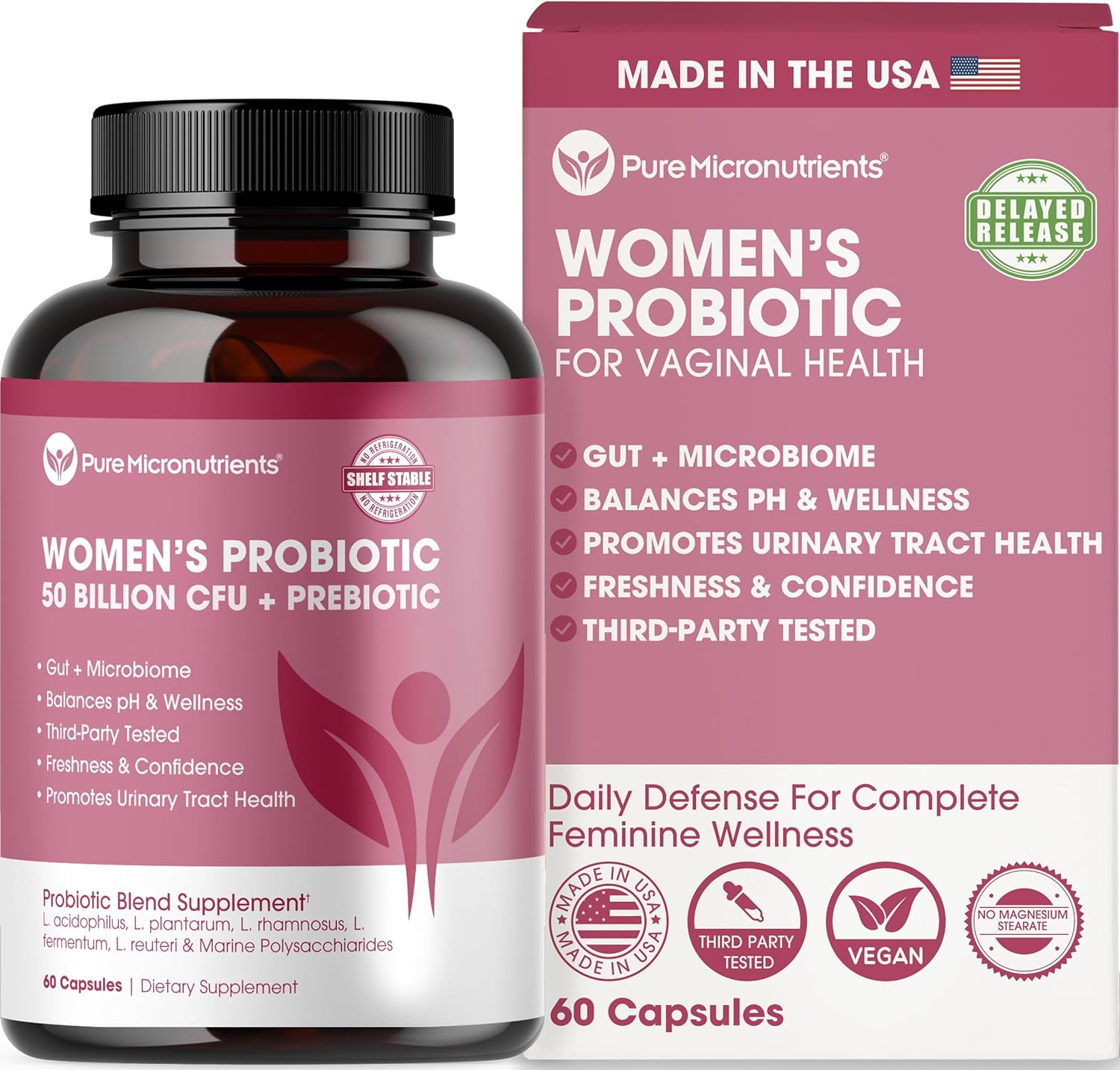 Probiotics For Women, Ph Balance & Vaginal Health Support, 50 Billion Cfu Per Serve, Gut, Digestive & Urinary Tract Care, Lactobacillus & Prebiotics, 60 Capsules
