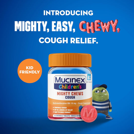 Mucinex Children'S Mighty Chews Kids Cough Medicine, Easy To Dose Cough Suppressant For Kids With Dextromethorphan, Kids Travel Medicine For Cough, Mixed Berry Flavor, 16 Medicated Chewable Tablets