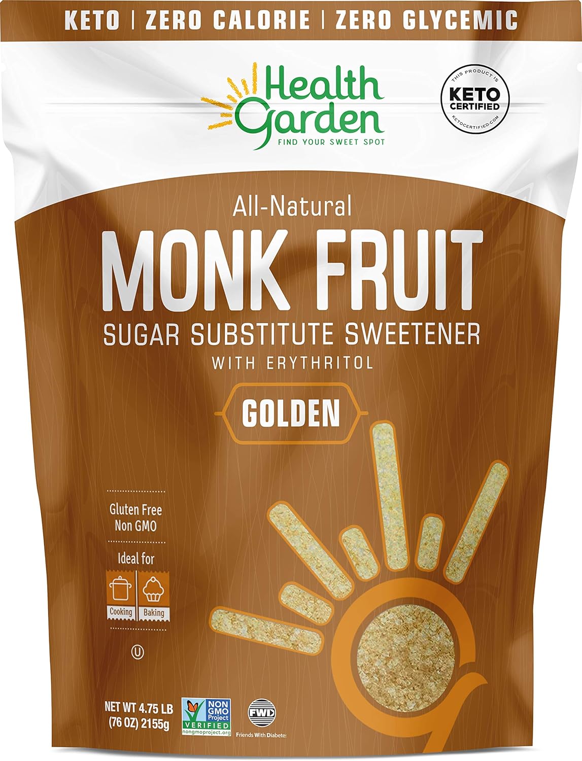 Health Garden Monk Fruit Sweetener, Golden- Non Gmo - Gluten Free - 1:1 Sugar Substitute - Kosher - Keto Friendly (4.75 Lb)