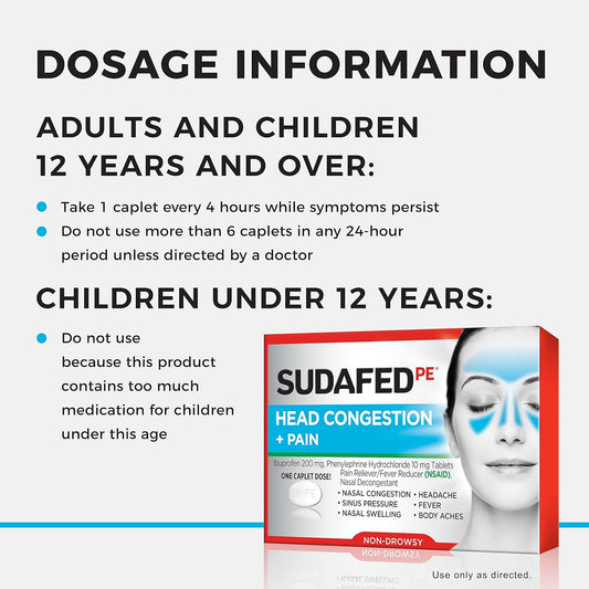 Sudafed Pe Non-Drowsy Head Congestion + Pain Relief Caplets With Ibuprofen 200 Mg & Phenylephrine Hcl 10 Mg, Nasal Decongestant & Nsaid Pain Reliever & Fever Reducer, 20 Ct