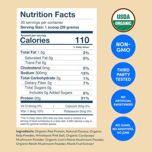 Further Food Organic Vegan Protein Powder Unflavored - 20G Of Plant Based Protein, Organic Protein Powder With Mushrooms & Seaweed, Vegan, Non Gmo, Gluten Free, Dairy Free 19.05 Oz