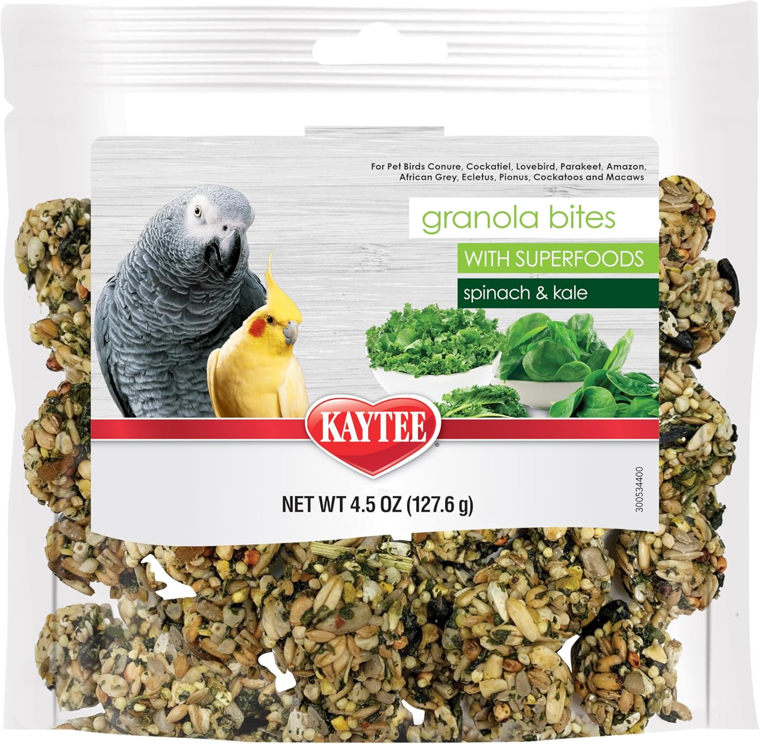 Kaytee Granola Bites With Super Foods Spinach And Kale For Pet Birds, Conure, Cockatiel, Lovebird, Parakeet, Amazon, African Grey, Ecletus, Pionus, Cockatoos And Macaws, 4.50 Ounce (Pack Of 1)