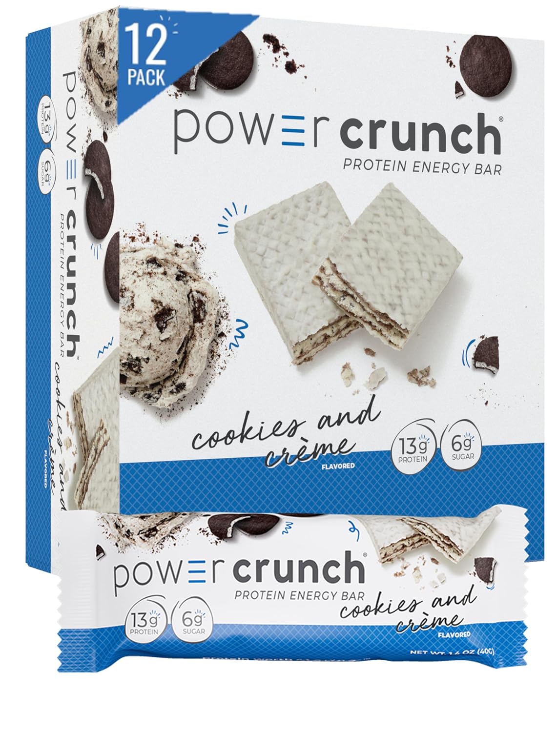 Power Crunch Protein Bars, High Protein Snacks With Delicious Taste, Cookies And Crème, 1.4 Ounce (12 Count)