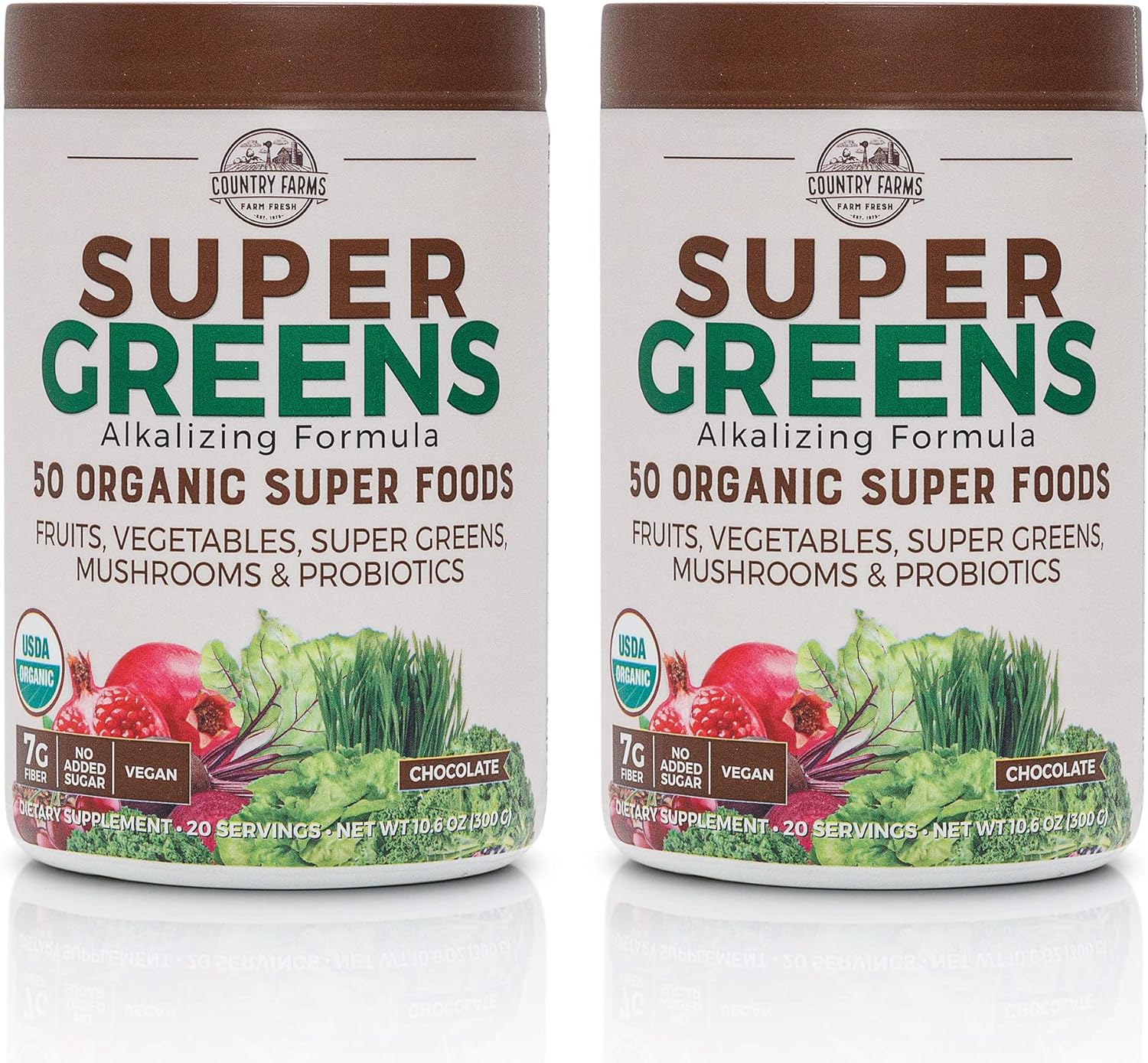 COUNTRY FARMS Super Greens Chocolate Flavor, 50 Organic Super Foods, USDA Organic Drink Mix, Fruits, Vegetables, Super Greens, Mushrooms & Probiotics, Supports Energy, 40 Servings, 10.6 Oz, 2 Pack