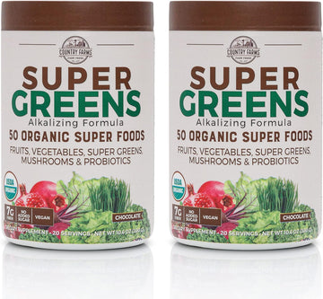 COUNTRY FARMS Super Greens Chocolate Flavor, 50 Organic Super Foods, USDA Organic Drink Mix, Fruits, Vegetables, Super Greens, Mushrooms & Probiotics, Supports Energy, 40 Servings, 10.6 Oz, 2 Pack