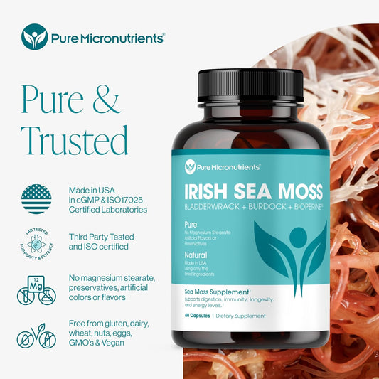 Pure Micronutrients Irish Sea Moss Capsules - Organic Irish Seamoss Pills With Bladderwrack, Burdock & Black Pepper For Energy, Immunity, Thyroid, Digestion, Heart And Bone Health
