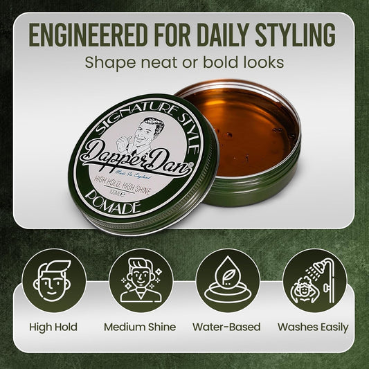 Dapper Dan Signature Style Pomade, High Shine High Hold Hair Pomade For Men, Achieve Classic Styles, Water Based Pomade For All Hair Types, Bergamot And Leather Fragrance, 100Ml