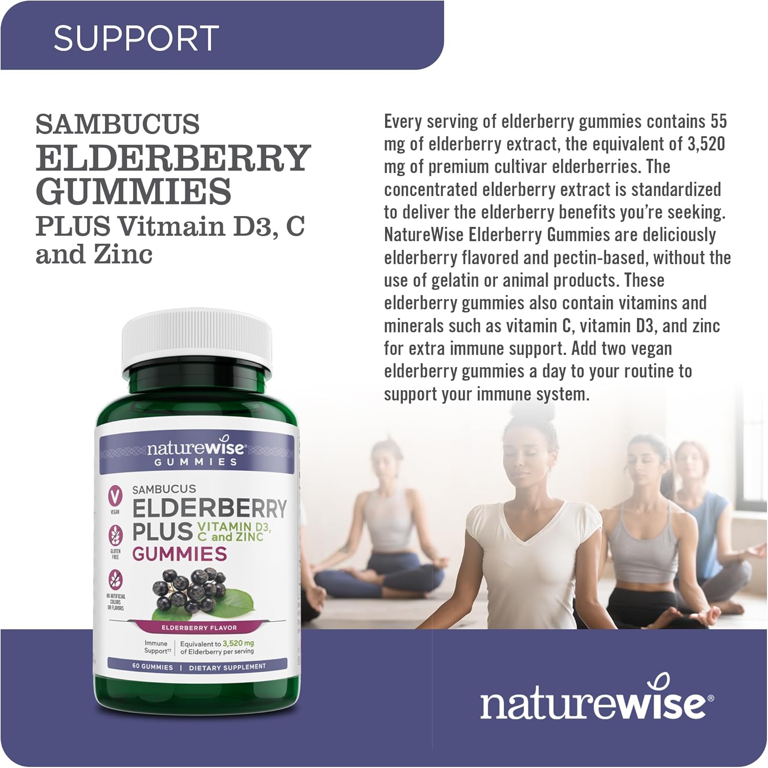 NatureWise Elderberry Gummies with Vitamin C + D3 + Zinc - Equivalent to 3,250mg Premium Sambucus Elderberries - Immune Support for Kids* & Adults - Vegan, Non-GMO - 60 Count[1-Month Supply] : Health & Household