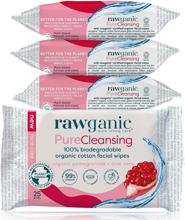 RAWGANIC Pure Cleansing Anti-aging Facial Wipes with Pomegranate and Aloe Vera | Gentle Hydrating Biodegradable Makeup Removal Wipes | Organic Cotton Face Wipes | 4 Packs (100 wipes in total)