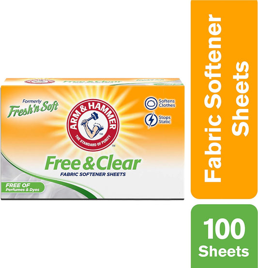 ARM & HAMMER Fabric Softener Sheets, Free of Perfumes and Dyes, 100 ct