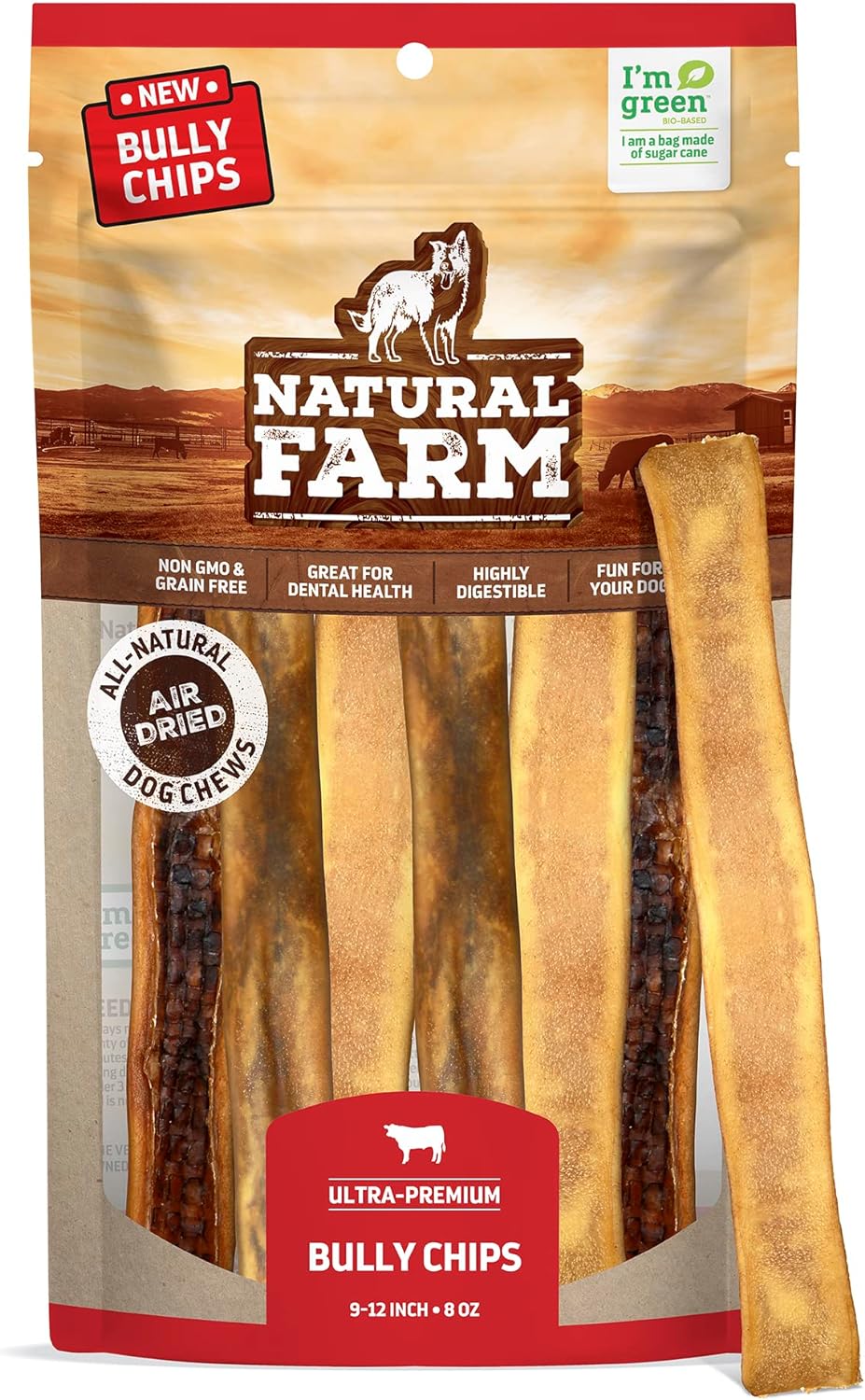 Natural Farm Bully Chips (9-12 Inch, 8 Oz.), Digestible Beef Cheek from Grass-Fed Cows, Non-GMO, Grain-Free, Natural Long-Lasting Dog Chews for Small, Medium & Large Dogs, Great Rawhide Alternative