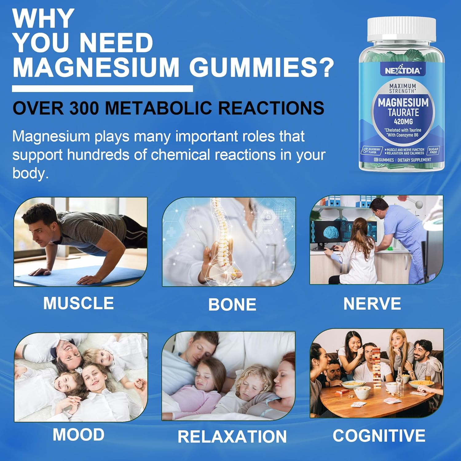 Magnesium Gummies, Magnesium Taurate 420mg w/Vitamin B6, Sugar Free Chelated Magnesium Supplement for Bone, Nerve and Mood Support, Promotes Calmness, Muscles Recover & Relieves Cramps, Vegan, 120 Cts : Health & Household