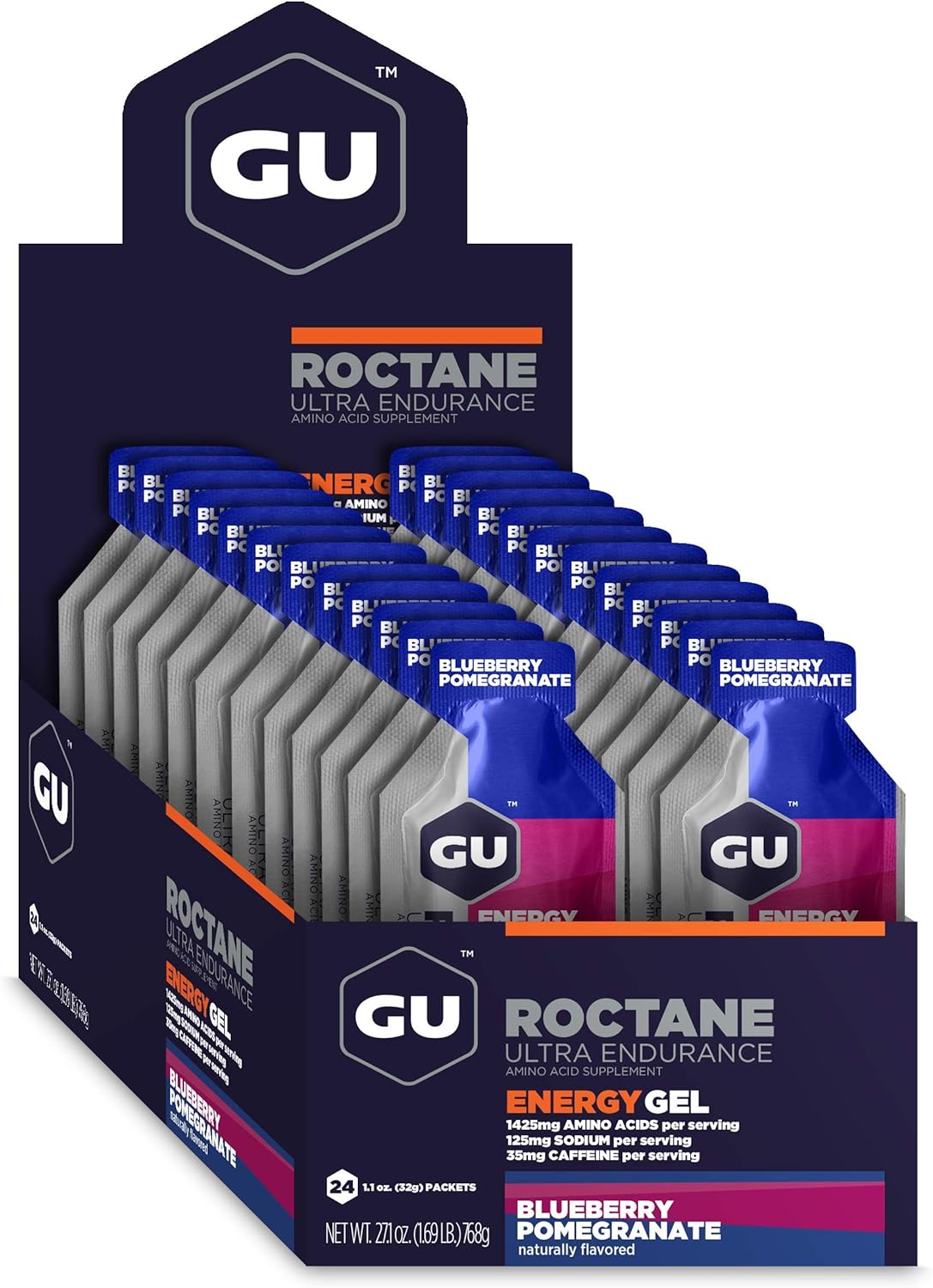 GU Energy Roctane Ultra Endurance Energy Gel, Vegan, Gluten-Free, Kosher, and Dairy-Free On-The-Go Sports Nutrition for Running, Biking, Hiking or Skiing, Blueberry Pomegranate, 24-Count : Health & Household