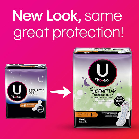 U by Kotex Security Maxi Overnight Pads With Wings, Regular, Unscented, Unscented, 28 Count