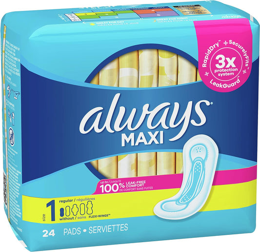 Always Maxi Feminine Pads for Women, Regular Absorbency, 24 Count, No Wings, Unscented (24 Count)