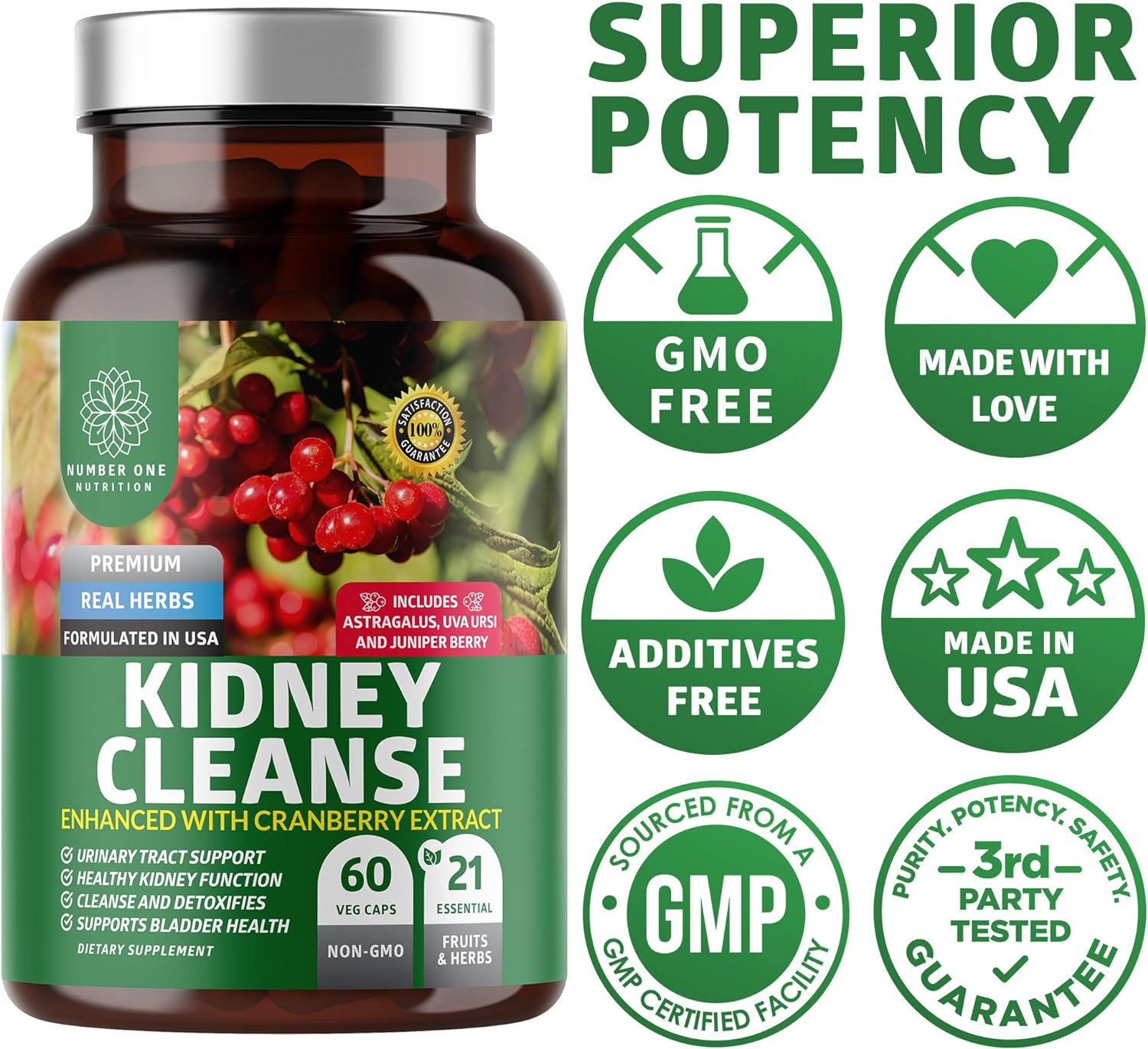 N1N Premium Kidney Cleanse [21 Potent Herbs] for Urinary Tract & Bladder Control, Natural Kidney Support with Cranberry Extract, Astragalus and Uva Ursi Leaf, 60 Veg Caps