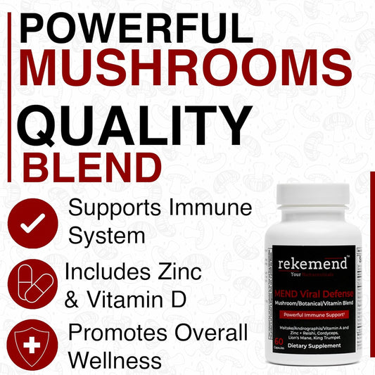 rekemend Mushroom Supplement for Immune Support - Contains Lions Mane, Cordyceps & Reishi Mushroom Extracts - 60 Capsules