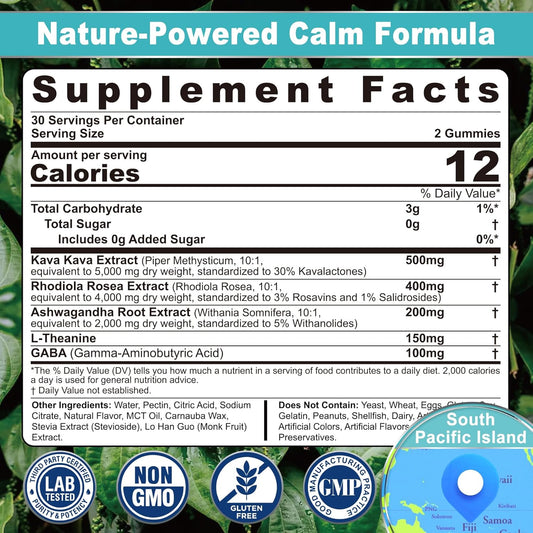 Kava Kava Gummies, Sugar Free Calm Gummies W/Rhodiola Rosea, Ashwagandha, L-Theanine, Gaba, Melatonin-Free Kava Blend For Relaxation, Calm And Focus - Alternative To Kava Powder Capsules, Vegan 60 Cts