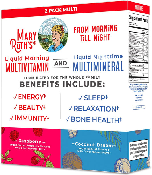 Maryruth Organics Liquid Morning Multivitamin & Liquid Nighttime Multimineral Bundle, Vegan Vitamin C, Vitamin D, B Complex, Magnesium, Energy, Beauty, Sleep Support, No Melatonin, 32 Fl Oz Each