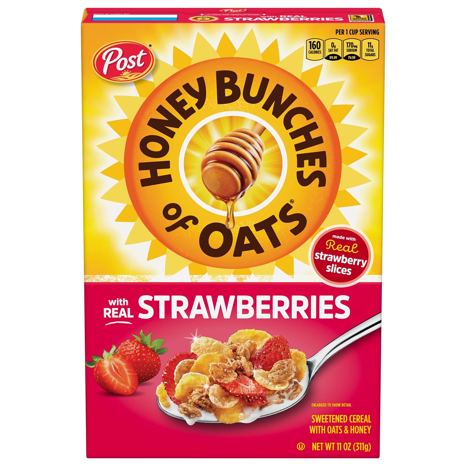 Post Honey Bunches of Oats with Strawberries Breakfast Cereal, Honey Oats and Strawberry Cereal, 11 OZ Box