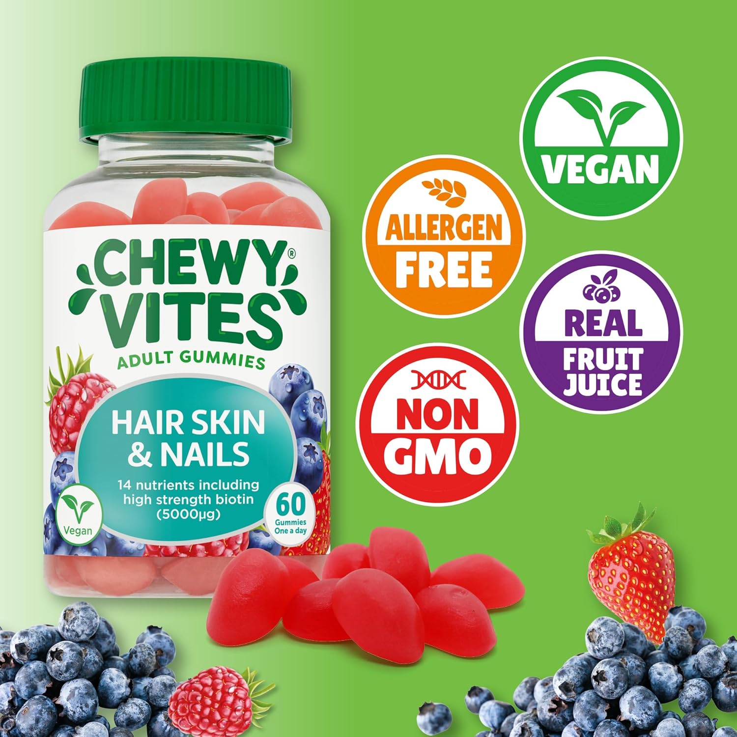Chewy Vites Adult Hair Skin and Nails, 60 Biotin Gummies, High-Strength Biotin 5000mcg, 2 Months Supply, Real Fruit Juice, Vegan, Blueberry and Raspberry Flavour : Amazon.co.uk: Health & Personal Care