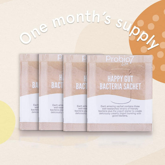 Probio7 Happy Gut Yogurt Starter Culture - 4 Yogurt Sachets. Probiotic Sachet, With 3 Strains Of Friendly Bacteria, Lactobacillus Rhamnosus. Gluten Free Bacteria Starter Sachets (Pack Of 4 Sachets)