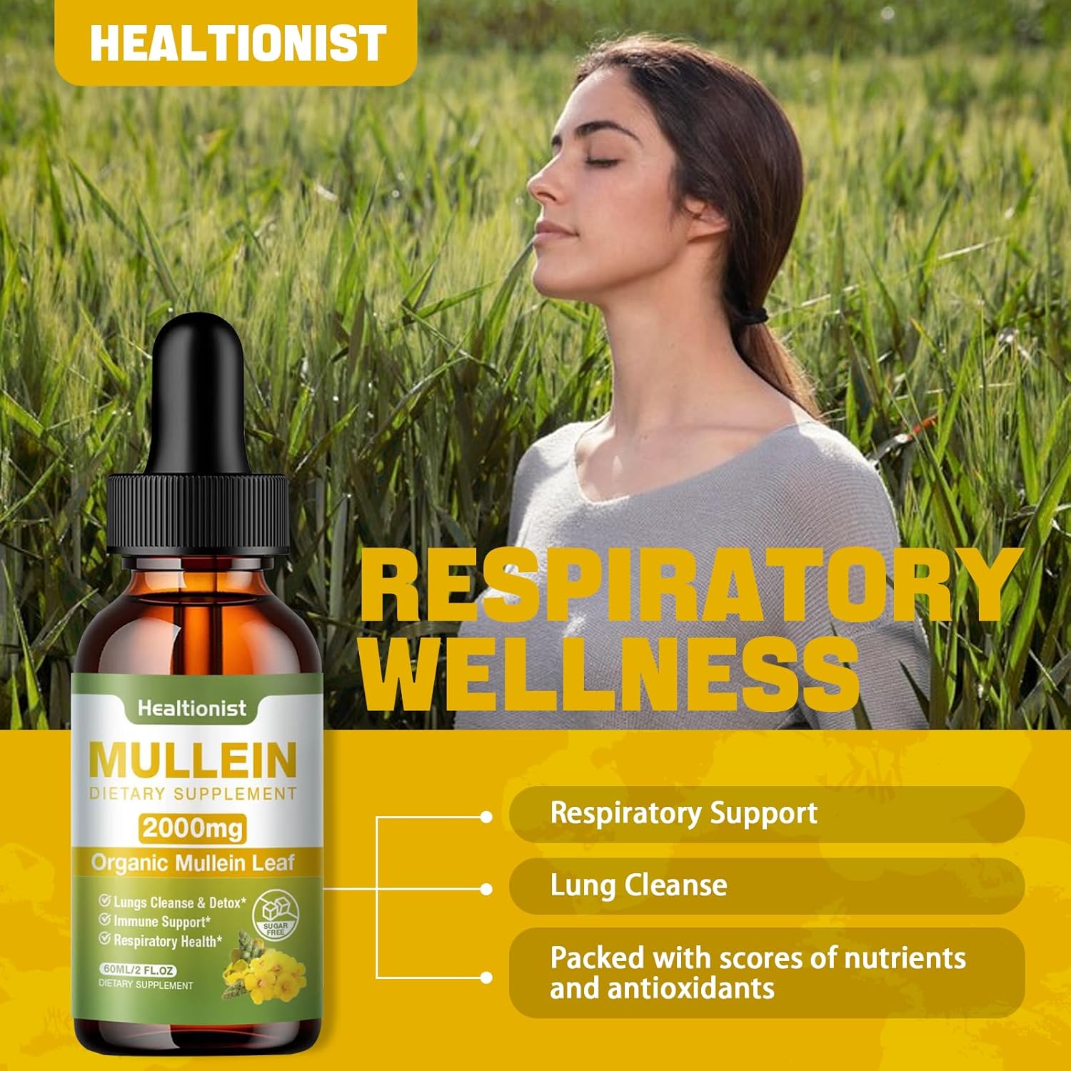 1 Pack Mullein Drops For Lungs - Leaf Extract Liquid - Powerful Mullein For Immune Support, Cleanse - Detox & Respiratory, Digestive System, Natural Herbal Supplement Tincture, Tea - 2 Fl Oz Vegan