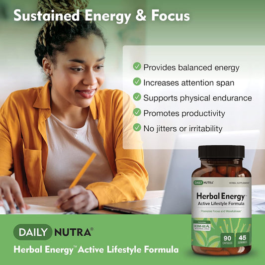 DailyNutra Herbal Energy - Sustained Energy & Focus Supplement with L-Theanine, Green Tea and Ashwagandha - Natural Caffeine Pills Without Jitters (90 Capsules)