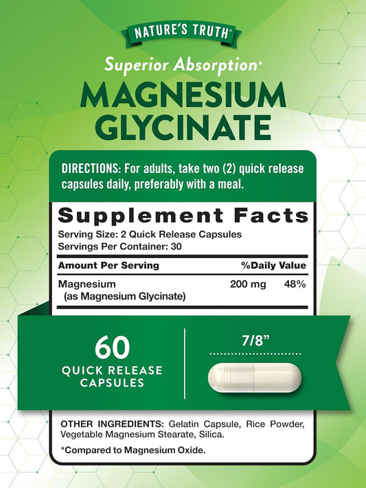 Magnesium Glycinate Capsules | 200Mg | 60 Count | Chelated Superior Absorption Formula | Non-Gmo & Gluten Free Supplement | By Nature'S Truth