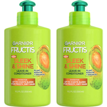 Garnier Fructis Sleek & Shine Leave-In Conditioning Cream For Frizzy, Dry Hair, Plant Keratin + Argan Oil, 10.2 Fl Oz, 2 Count (Packaging May Vary)