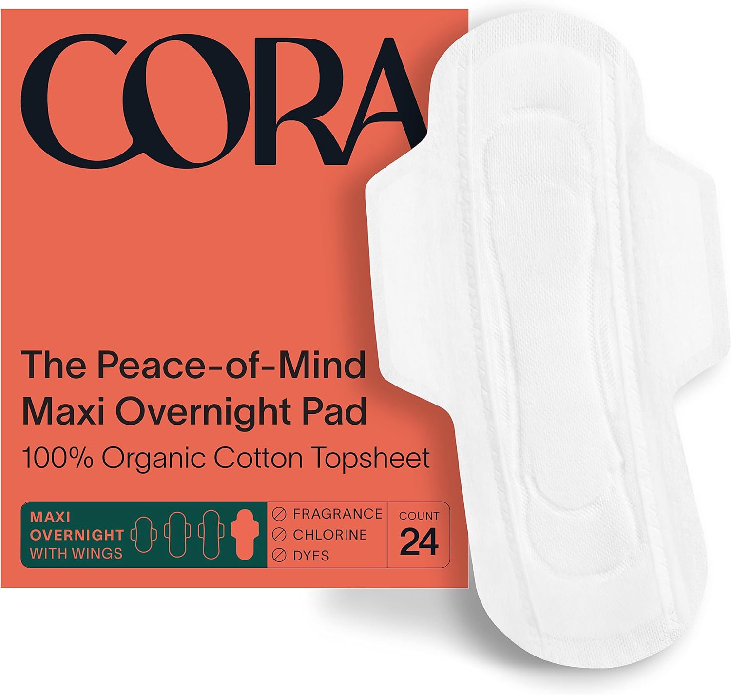 Cora Organic Cotton Topsheet Maxi Pads | Ultra Thin Period Pads with Wings | Maxi Overnight Absorbency | Unscented, Comfortable, Powerfully Absorbent, Leak Protection (24 Count)