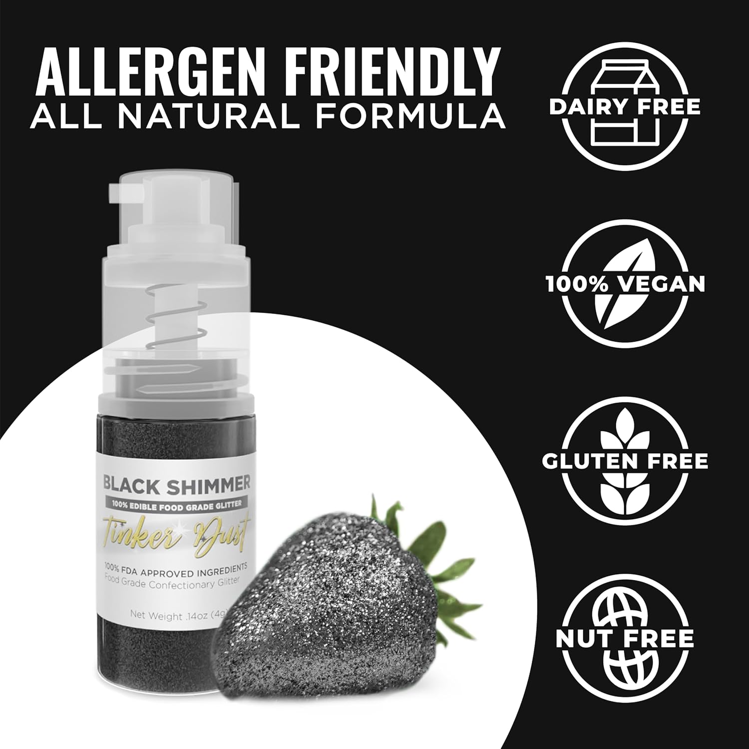 Bakell - Black Tinker Dust (4G, 1X Mini Spray Pump) Edible Glitter For Food, Desserts, And Beverages! : Grocery & Gourmet Food