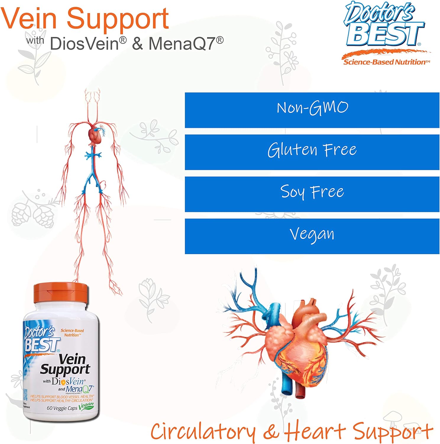 Doctor's Best Vein Support with Diosvein & Menaq7, Circulation for Healthy Legs, Non-GMO, Gluten & Soy Free, Vegan, 60 Count : Health & Household