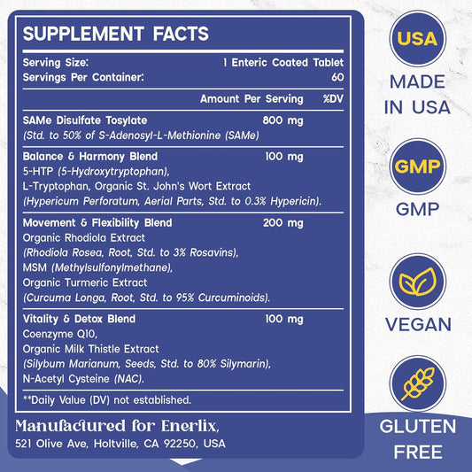 1200 Mg Sam E Supplement For Brain, Mood, Joint, And Liver, High Absorption Sam-E (S-Adenosyl-L-Methionine) With Coq10, 5-Htp, Enteric Coated 120 Tablets, Vegan