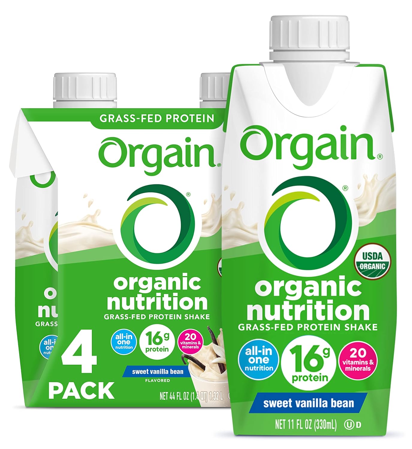 Orgain Organic Nutritional Protein Shake, Vanilla Bean - 16G Grass Fed Whey Protein, Meal Replacement, 20 Vitamins & Minerals, Fruits & Vegetables, Gluten Free, Non-Gmo, 11 Fl Oz (4 Pack)