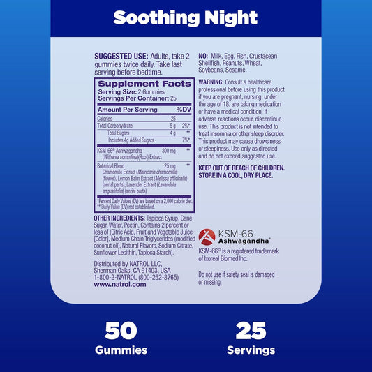 Natrol Soothing Night, Bedtime Without Melatonin, Ashwagandha & Botanical Blend, 50 Gummies (25 Servings) Reduce Stress at Bedtime, Better Sleep, Drug Free, Blueberry avored Dietary Supplement