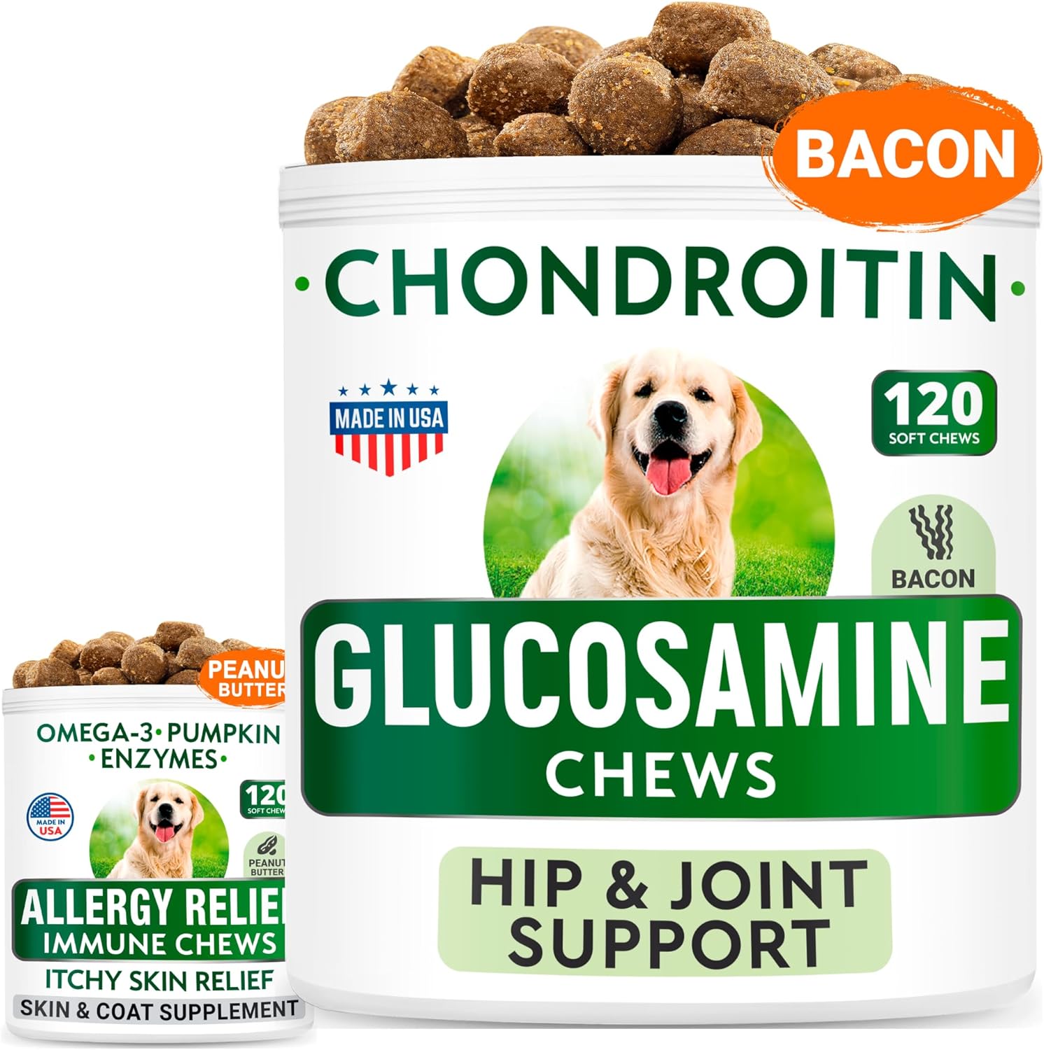 Allergy Relief + Glucosamine Dog Treats Bundle - Joint Pain Relief + Itchy Skin Relief - Omega 3 + Pumpkin, Enzymes + Chondroitin, Msm - Hip & Joint Care + Seasonal Allergies - 240 Chews - Made In Usa