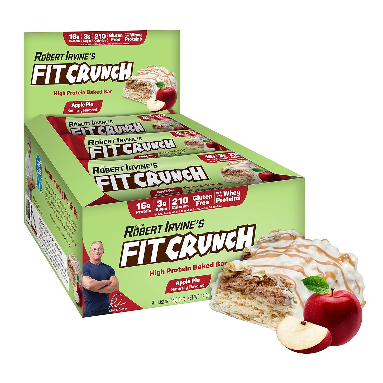 Fitcrunch Snack Size Protein Bars, Designed By Robert Irvine, 6-Layer Baked Bar, 3G Of Sugar, Gluten Free & Soft Cake Core (9 Bars, Apple Pie)