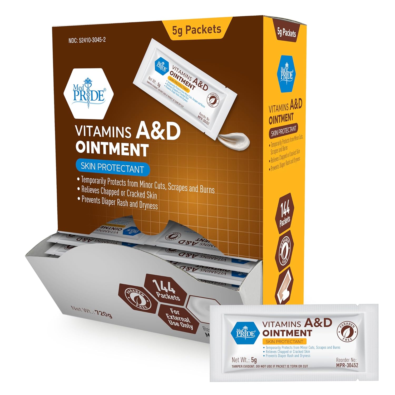 Med Pride Vitamins A&D Ointment Diaper Rash Cream Packets Adults Ad Skin Protectant 5G Packets 144 Ct Lanolin & Petrolatum For Chafing Cuts Dry Skin
