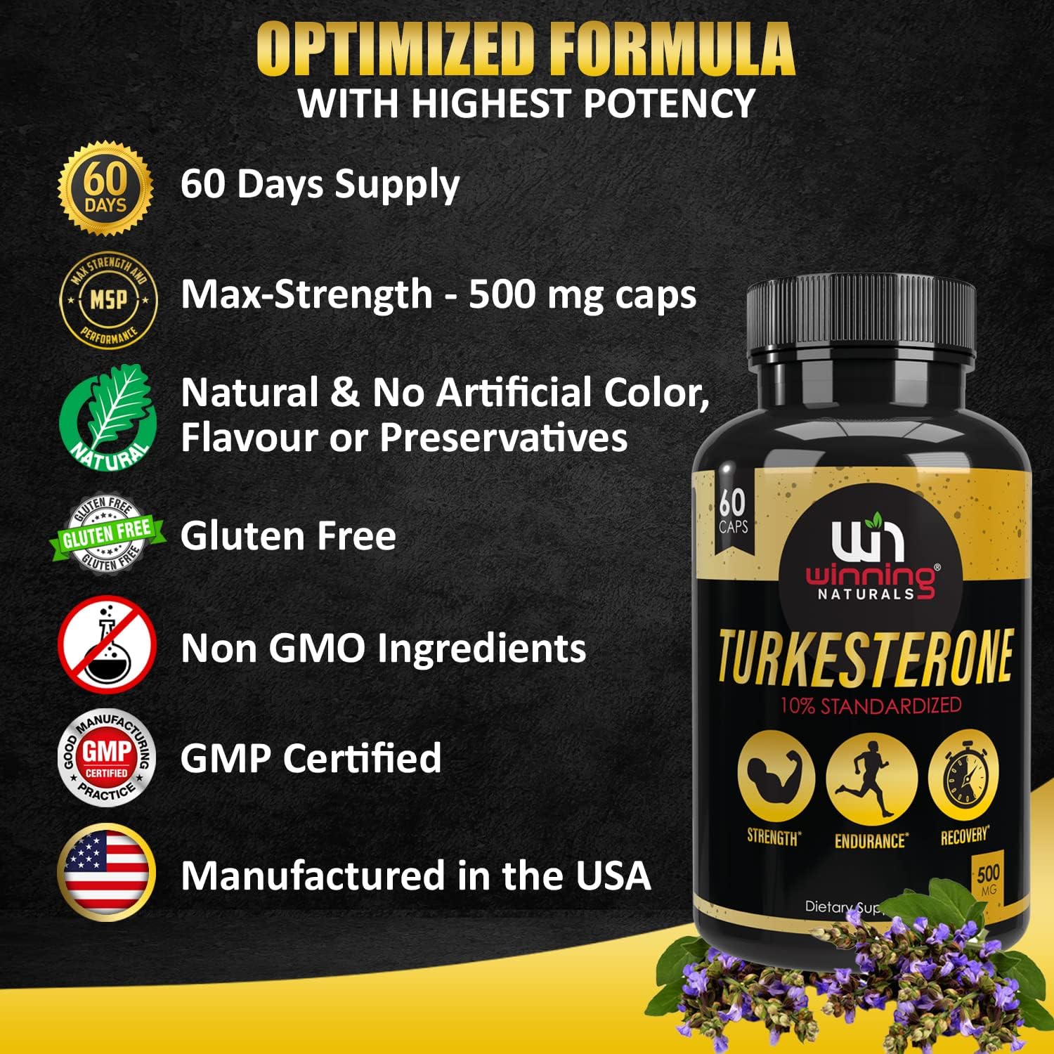 Turkesterone Supplement 500 mg, Ajuga Turkestanica Extract Std. to 10% Turkesterone Max Strength- Similar to Ecdysterone; Natural Anabolic Agent; Supports Muscle Growth, Muscle/Exercise Recovery : Health & Household